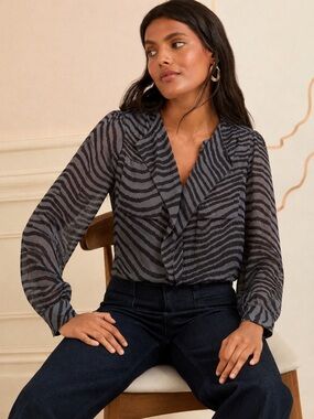 Babaton 100% silk Woven Long-Sleeve Zebra Print Blouse - Black/Gray